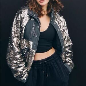 Free people silver sequin fleece relaxed hit the slopes jacket